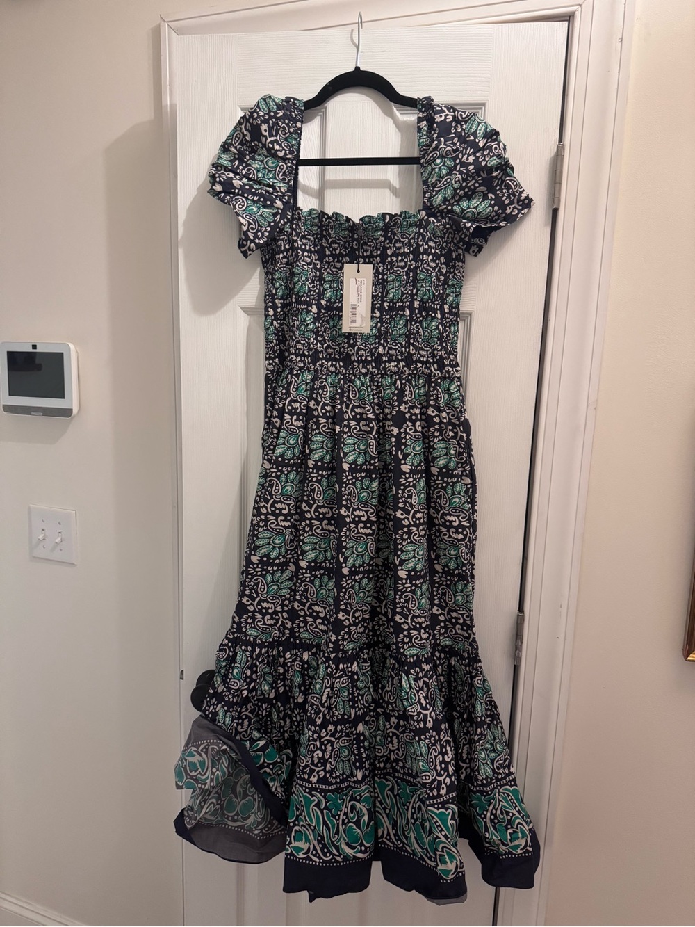 Smocked Floral Midi Dress in Black & Teal